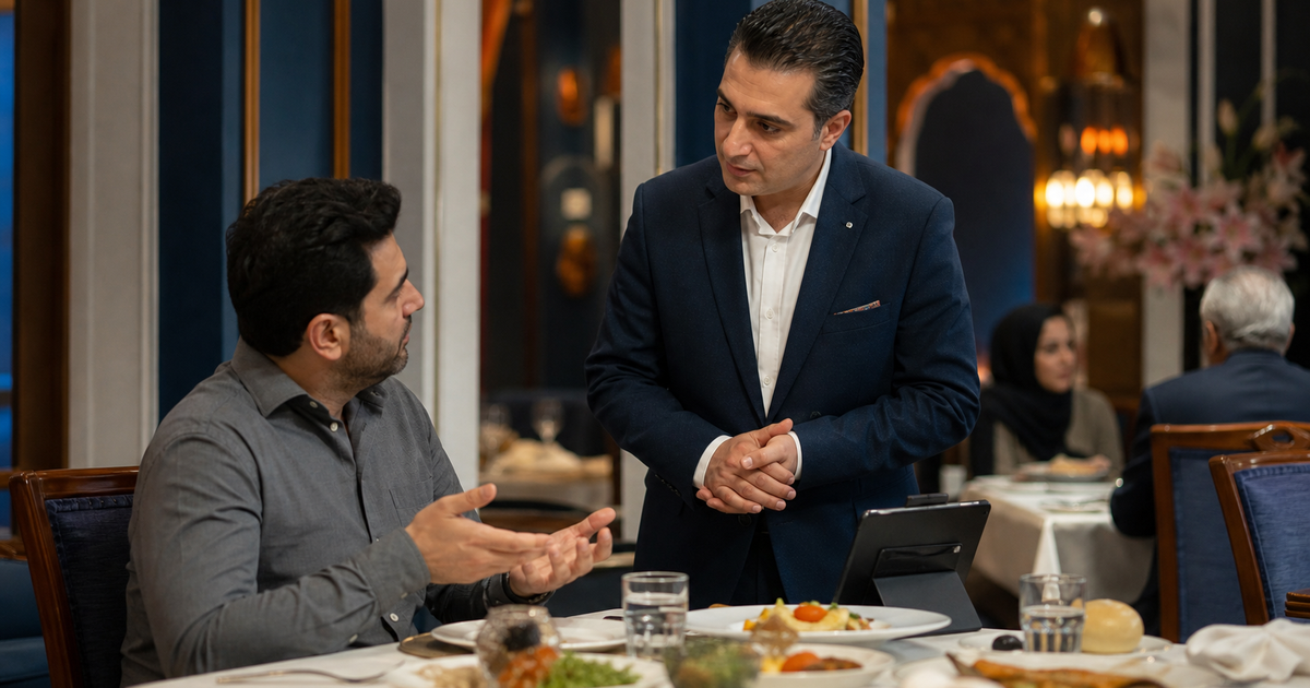 مدیر رستوران در حال گفتوگوی آرام با مشتری ناراضی