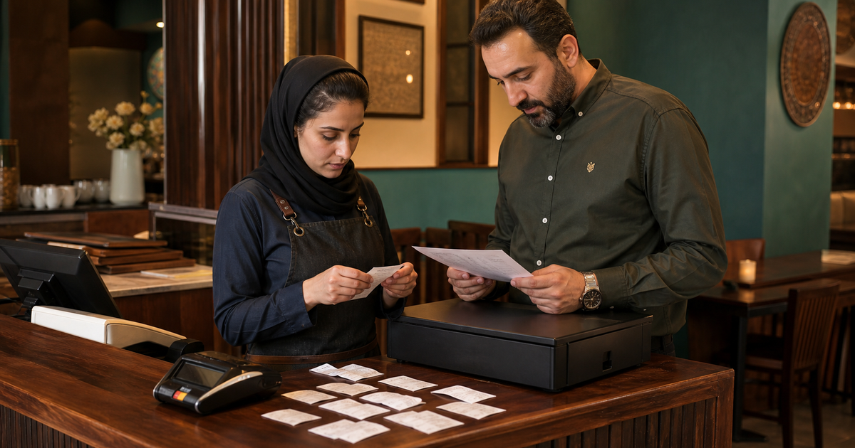 صندوقدار و مدیر رستوران در حال تطبیق کارتخوان، وجه نقد و گزارش فروش پایان شیفت